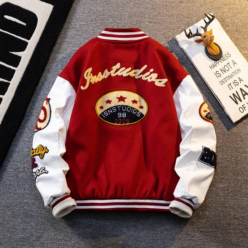 Retro American Patchwork Embroidery Baseball Jacket Loose Casual Woolen Coat for Men And Women Street Style Outerwear