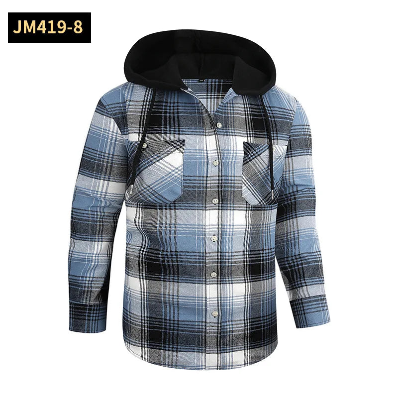 Men's Casual Plaid Flannel Long Sleeve Hooded Shirt Jacket 2026 Cross-Border Fashionable Durable Breathable Loose Fit