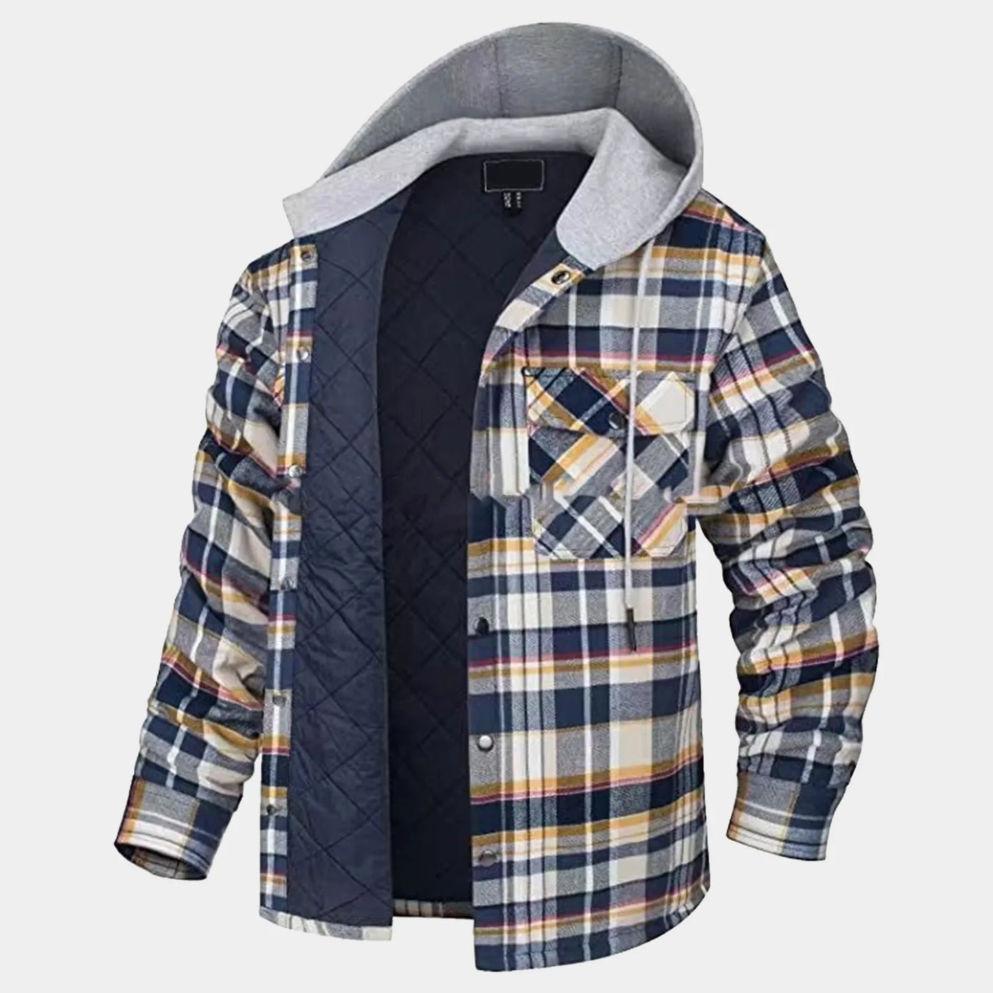 Men'S Flannel Shirt Jacket Plaid Quilted Lined Drawstring Winter Casual Coats Thick Hoodie Outwear Man Fleece Shirts Jacket