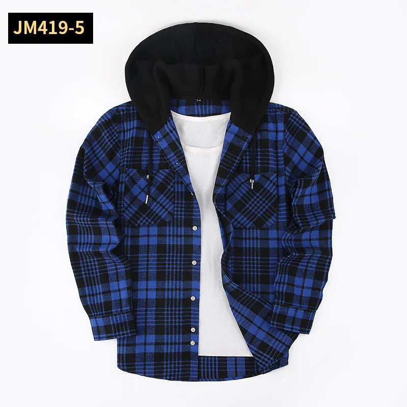 Men's Plaid Long Sleeve Hooded Flannel Shirt Loose Fit Business Casual Spring Outerwear Polyester Machine Washable