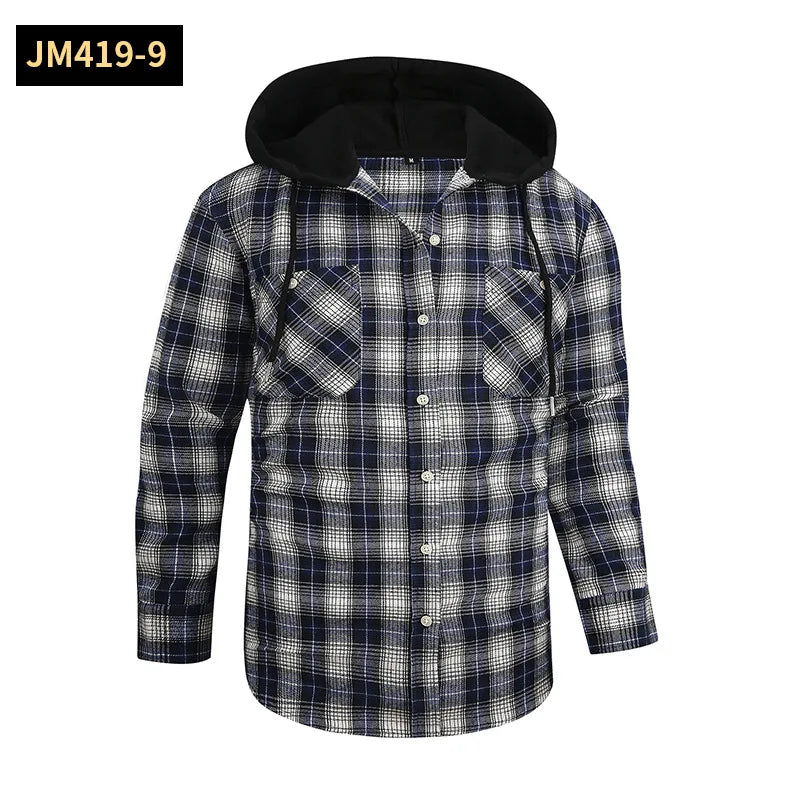 Men's Casual Plaid Flannel Long Sleeve Hooded Shirt Jacket 2026 Cross-Border Fashionable Durable Breathable Loose Fit