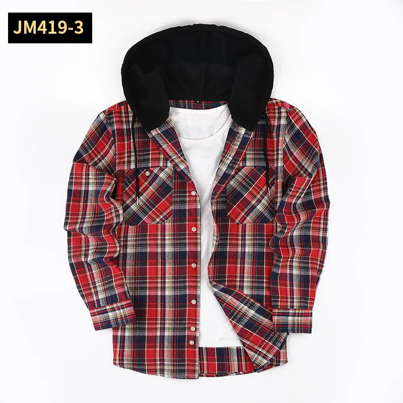 Men's Plaid Long Sleeve Hooded Flannel Shirt Loose Fit Business Casual Spring Outerwear Polyester Machine Washable