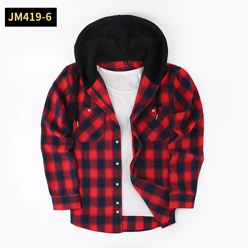 Men's Plaid Long Sleeve Hooded Flannel Shirt Loose Fit Business Casual Spring Outerwear Polyester Machine Washable