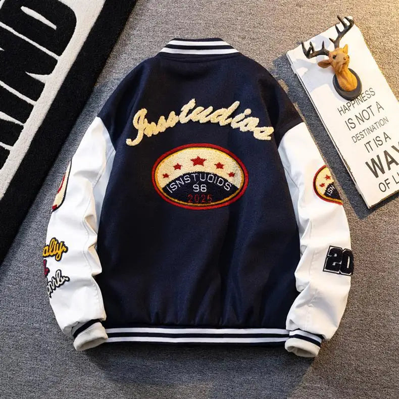 Retro American Patchwork Embroidery Baseball Jacket Loose Casual Woolen Coat for Men And Women Street Style Outerwear