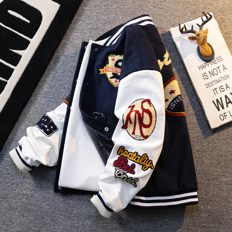Retro American Patchwork Embroidery Baseball Jacket Loose Casual Woolen Coat for Men And Women Street Style Outerwear