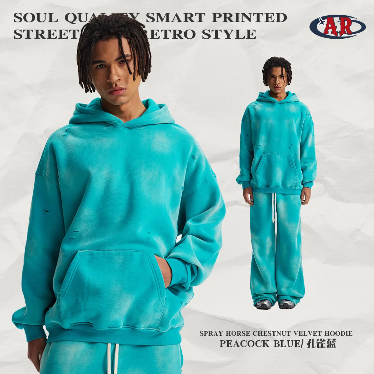 Autumn Winter New Original Fleece Lined Spray Monkey Washed Vintage Hole Ripped Hoodie Men's Casual Comfortable Cotton Blend ...