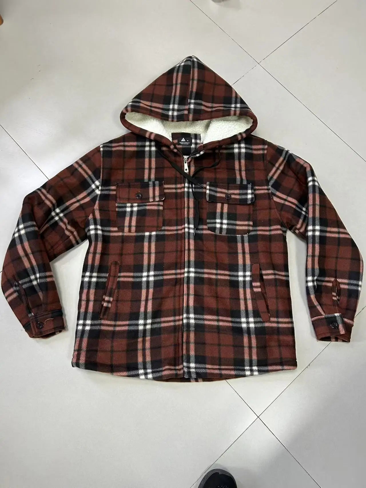 Sherpa Lined Flannel Jacket Mens Heavyweight Hooded Fleece Jacket Thicken Warm Button Down Plaid Jacket Outwear Coats
