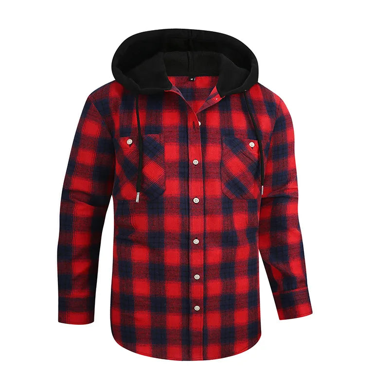 Men's Casual Plaid Flannel Long Sleeve Hooded Shirt Jacket 2026 Cross-Border Fashionable Durable Breathable Loose Fit