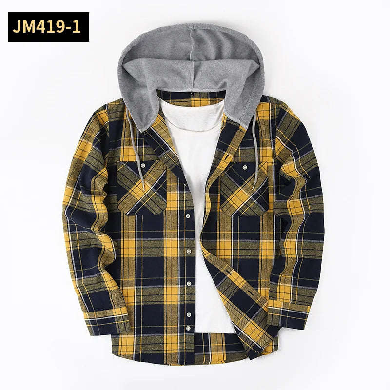 Men's Plaid Long Sleeve Hooded Flannel Shirt Loose Fit Business Casual Spring Outerwear Polyester Machine Washable