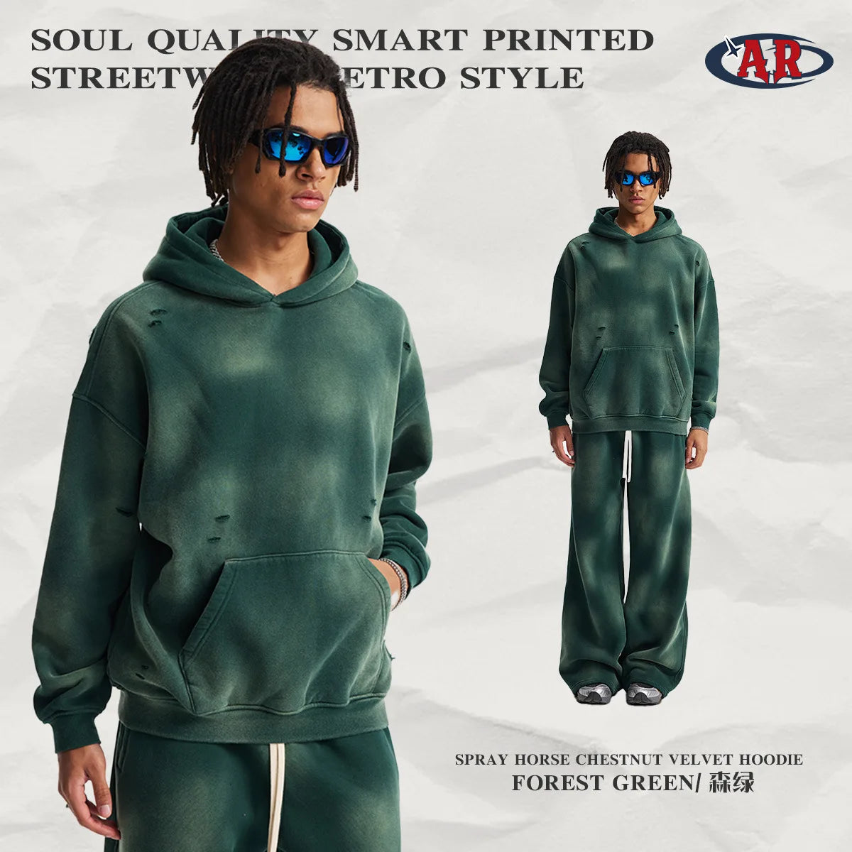 Autumn Winter New Original Fleece Lined Spray Monkey Washed Vintage Hole Ripped Hoodie Men's Casual Comfortable Cotton Blend ...