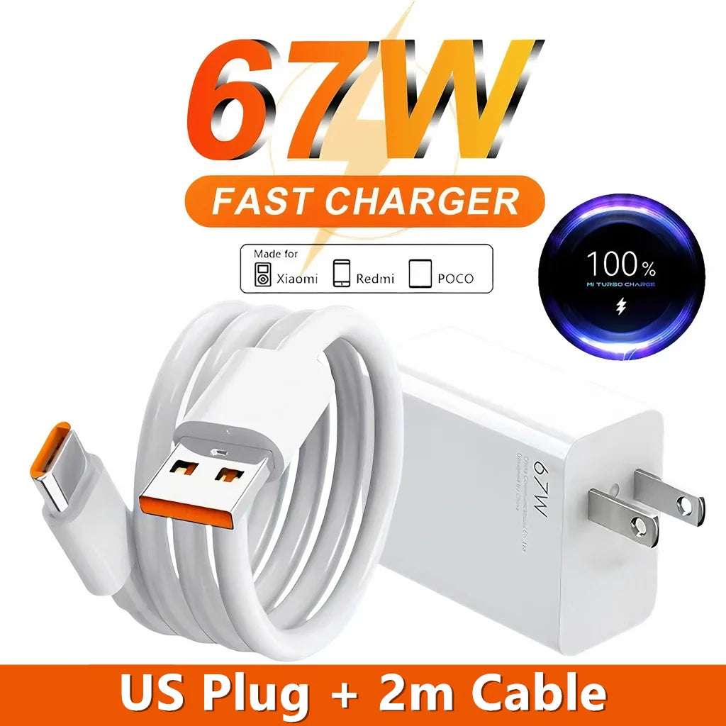 US 67W Ultra Fast Wall Charger For Xiaomi 12 13 14 15 17 Redmi Note 11 12T 13 POCO X5 X6 Pro 6A Type C Quick Charging USB Cable