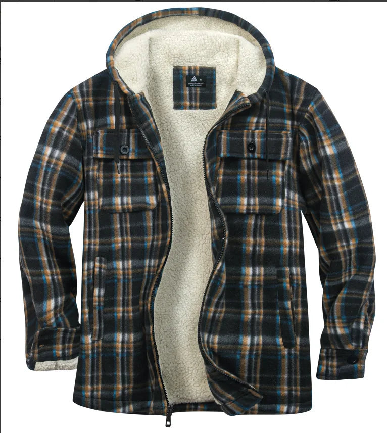 Sherpa Lined Flannel Jacket Mens Heavyweight Hooded Fleece Jacket Thicken Warm Button Down Plaid Jacket Outwear Coats