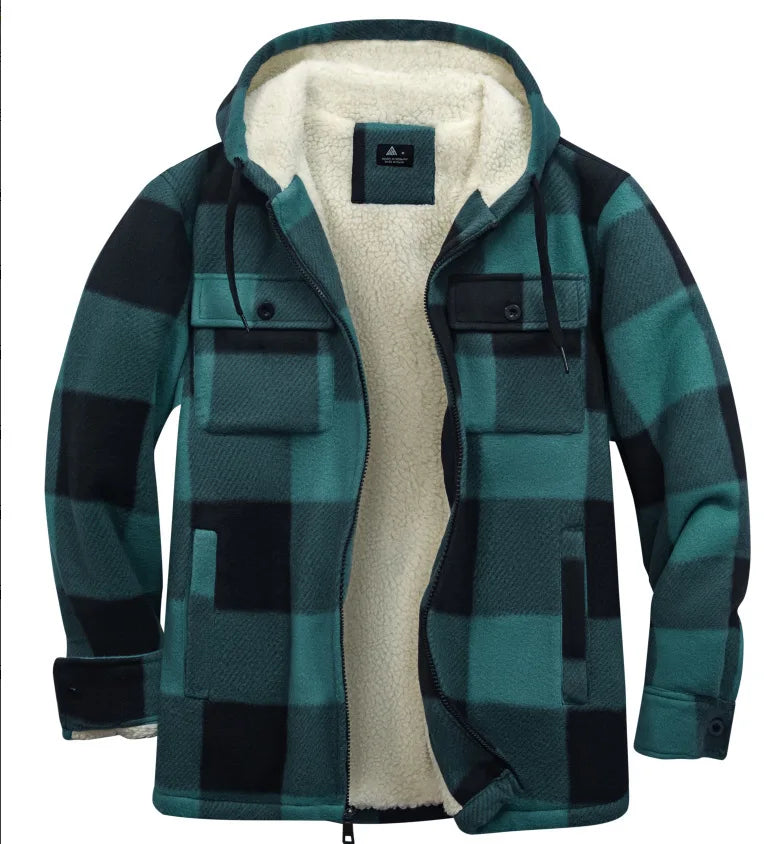 Sherpa Lined Flannel Jacket Mens Heavyweight Hooded Fleece Jacket Thicken Warm Button Down Plaid Jacket Outwear Coats