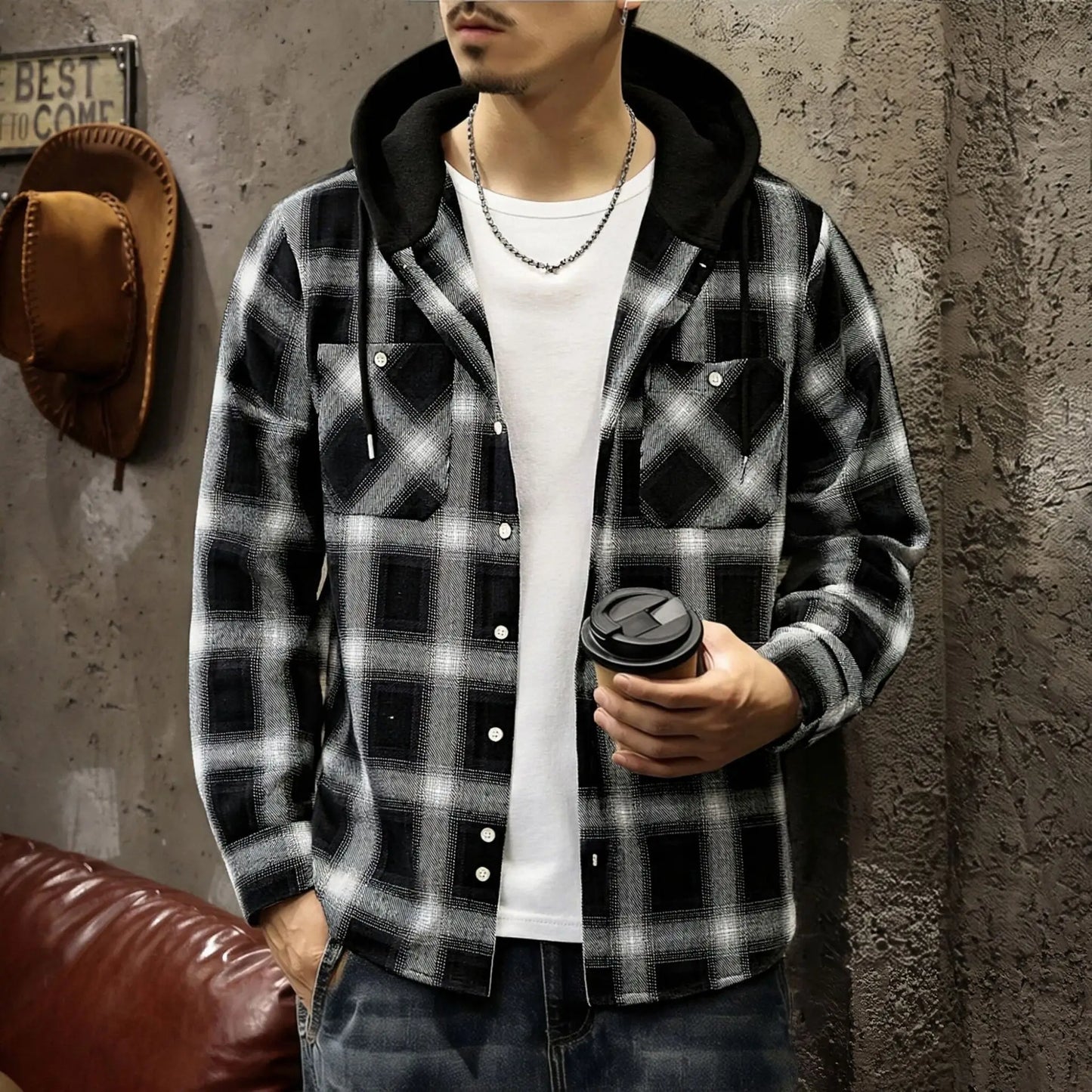 Men's Plaid Long Sleeve Hooded Flannel Shirt Loose Fit Business Casual Spring Outerwear Polyester Machine Washable