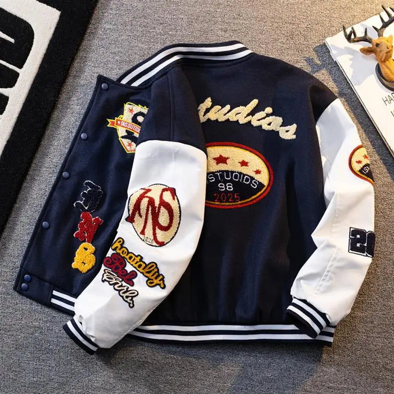 Retro American Patchwork Embroidery Baseball Jacket Loose Casual Woolen Coat for Men And Women Street Style Outerwear