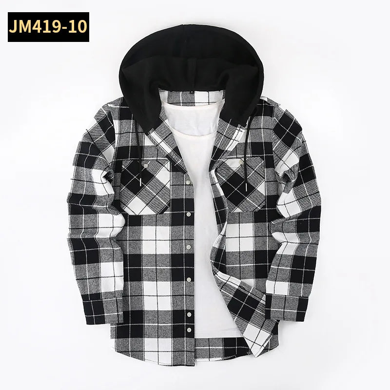 Men's Plaid Long Sleeve Hooded Flannel Shirt Loose Fit Business Casual Spring Outerwear Polyester Machine Washable