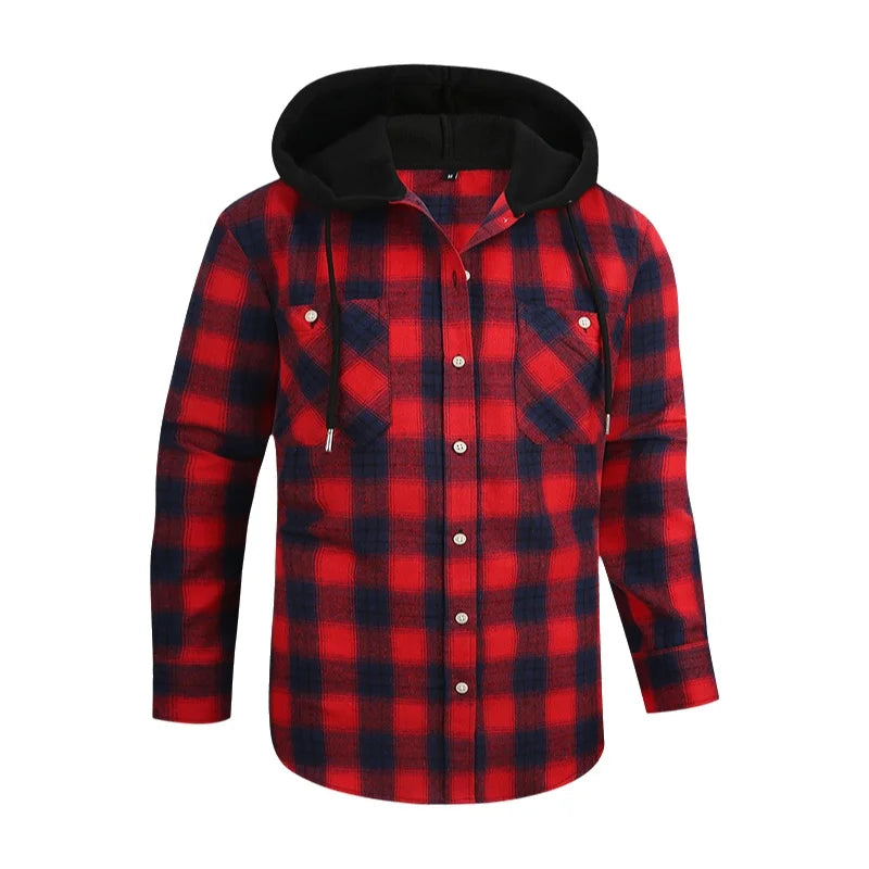 Men's Casual Plaid Flannel Long Sleeve Hooded Shirt Jacket 2026 Cross-Border Fashionable Durable Breathable Loose Fit