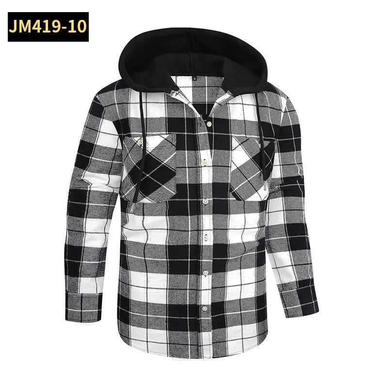 Men's Casual Plaid Flannel Long Sleeve Hooded Shirt Jacket 2026 Cross-Border Fashionable Durable Breathable Loose Fit