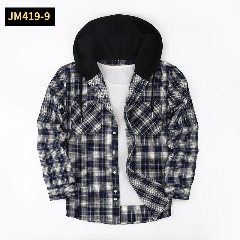 Men's Plaid Long Sleeve Hooded Flannel Shirt Loose Fit Business Casual Spring Outerwear Polyester Machine Washable