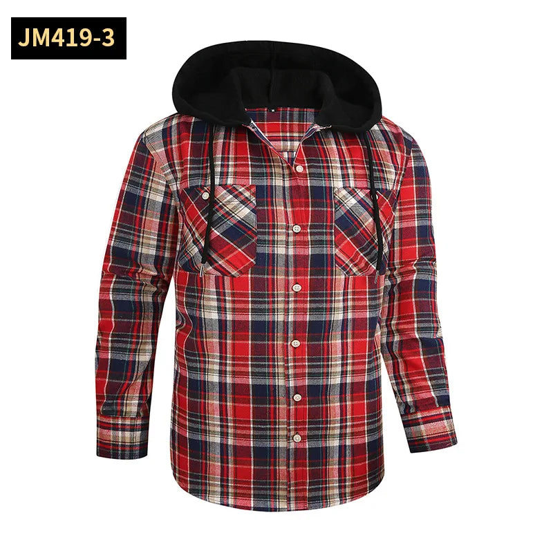 Men's Casual Plaid Flannel Long Sleeve Hooded Shirt Jacket 2026 Cross-Border Fashionable Durable Breathable Loose Fit