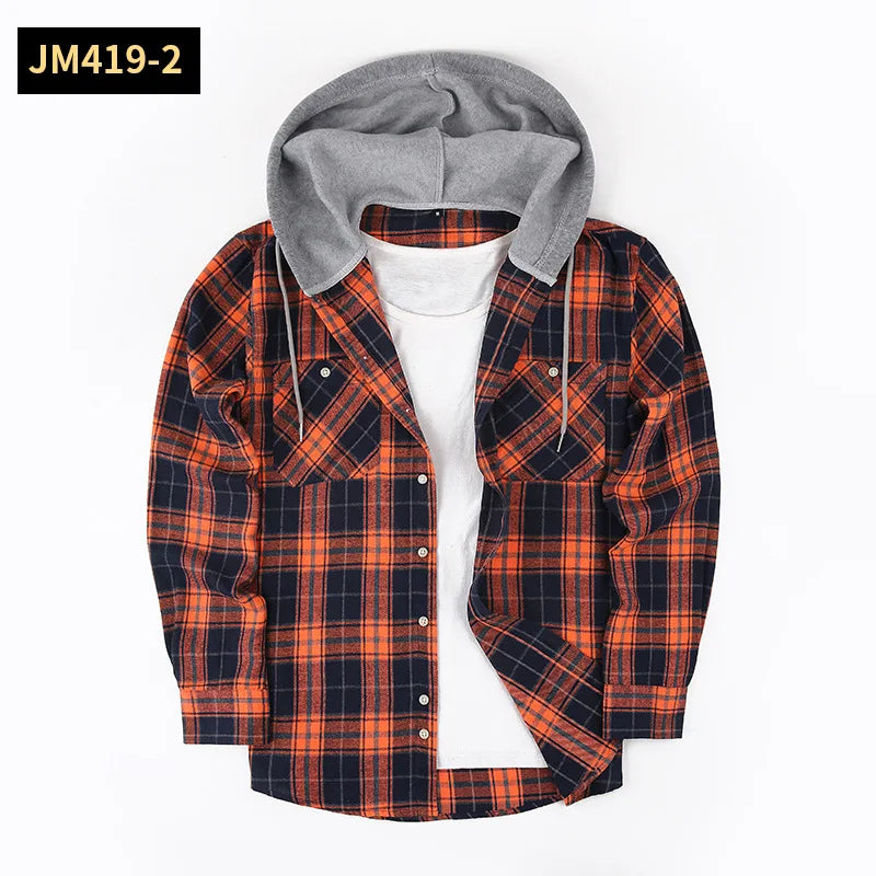 Men's Plaid Long Sleeve Hooded Flannel Shirt Loose Fit Business Casual Spring Outerwear Polyester Machine Washable
