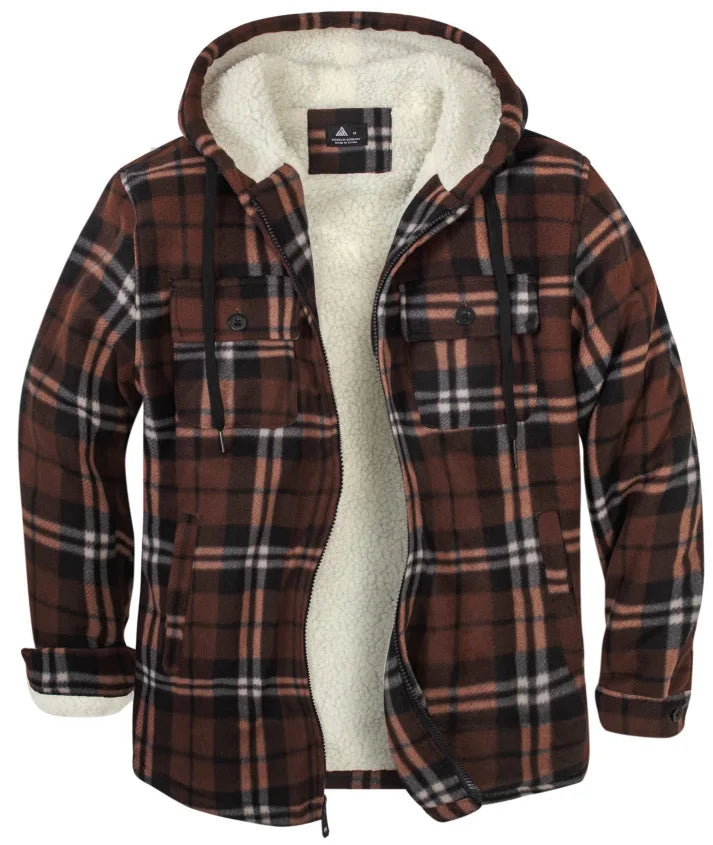 Sherpa Lined Flannel Jacket Mens Heavyweight Hooded Fleece Jacket Thicken Warm Button Down Plaid Jacket Outwear Coats