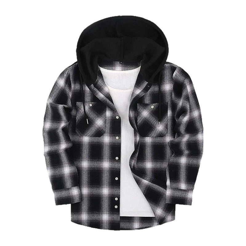 Men's Plaid Long Sleeve Hooded Flannel Shirt Loose Fit Business Casual Spring Outerwear Polyester Machine Washable