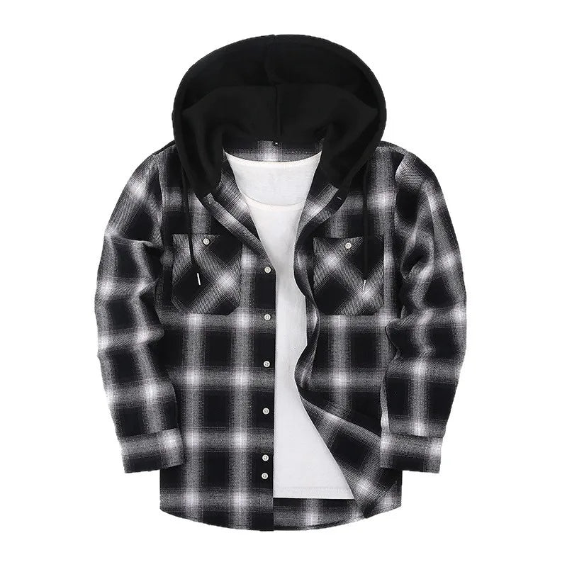 Men's Plaid Long Sleeve Hooded Flannel Shirt Loose Fit Business Casual Spring Outerwear Polyester Machine Washable