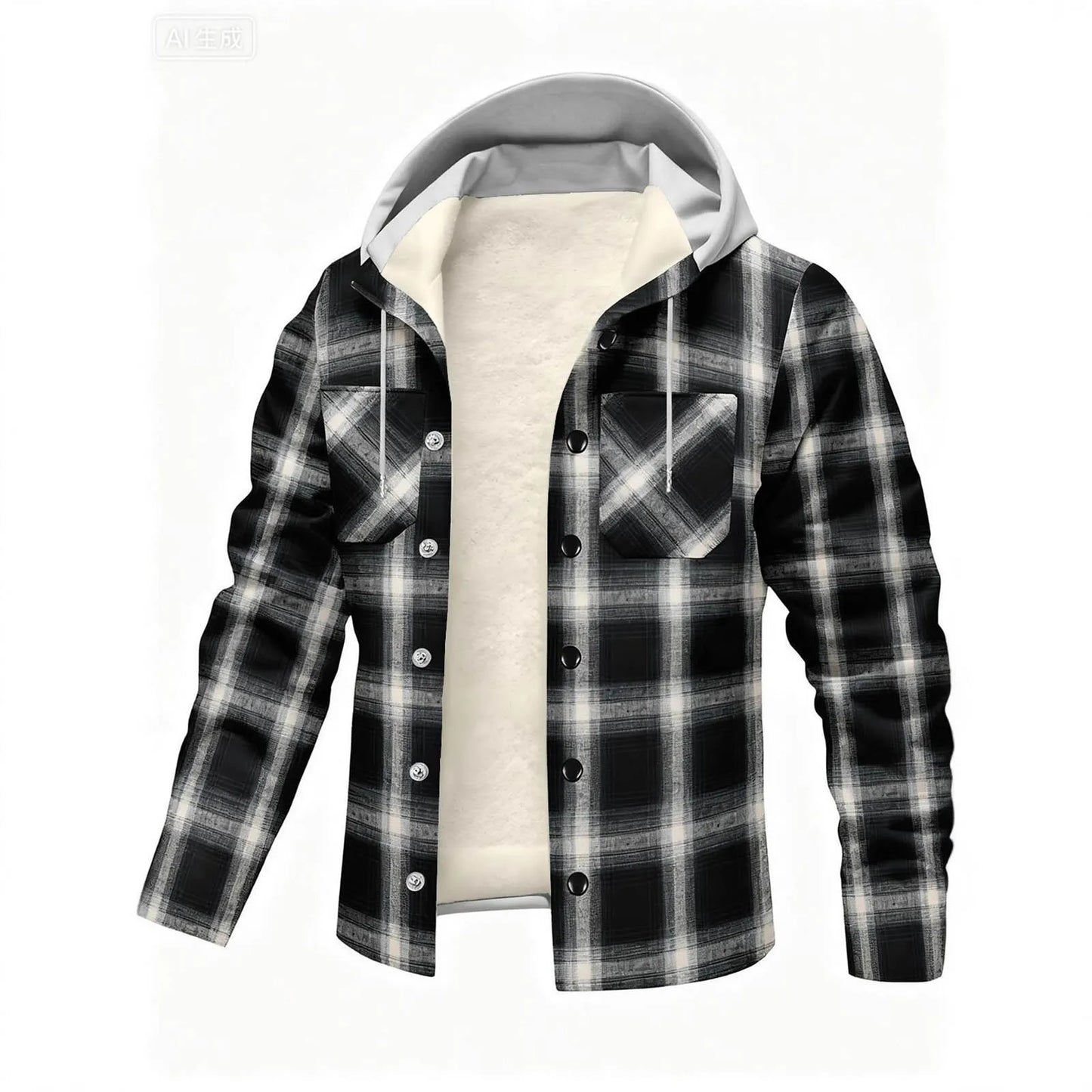 Men'S Fleece Jacket Leisure Plaid Hooded Jacket Plus Velvet Padded Warm Jacket Winter Warm Thickened Solid Color Jacket