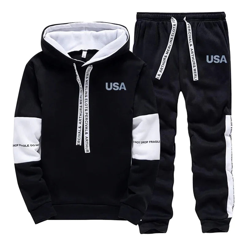 Hot Sales Men's Tracksuit Printed Casual Hooded Sweatshirts Outdoors Sports Jogging Man Clothing Black White Single Hoodie Pants