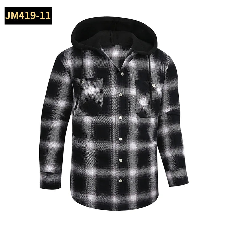 Men's Casual Plaid Flannel Long Sleeve Hooded Shirt Jacket 2026 Cross-Border Fashionable Durable Breathable Loose Fit