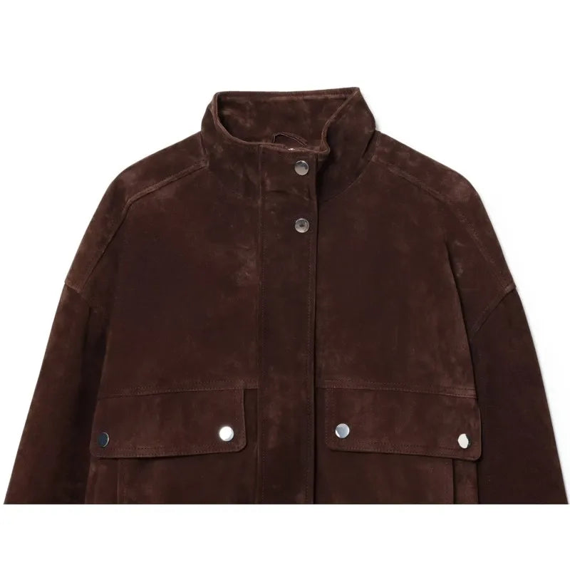 Women Suede Leather Jacket with Pockets Autumn Winter High Collar Long Sleeve Button Jacket Lady Coats Causal Female Chic Tops