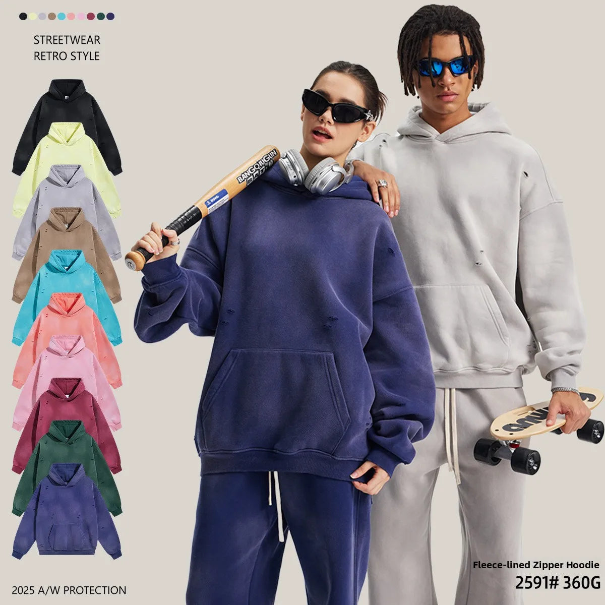 Autumn Winter New Original Fleece Lined Spray Monkey Washed Vintage Hole Ripped Hoodie Men's Casual Comfortable Cotton Blend ...