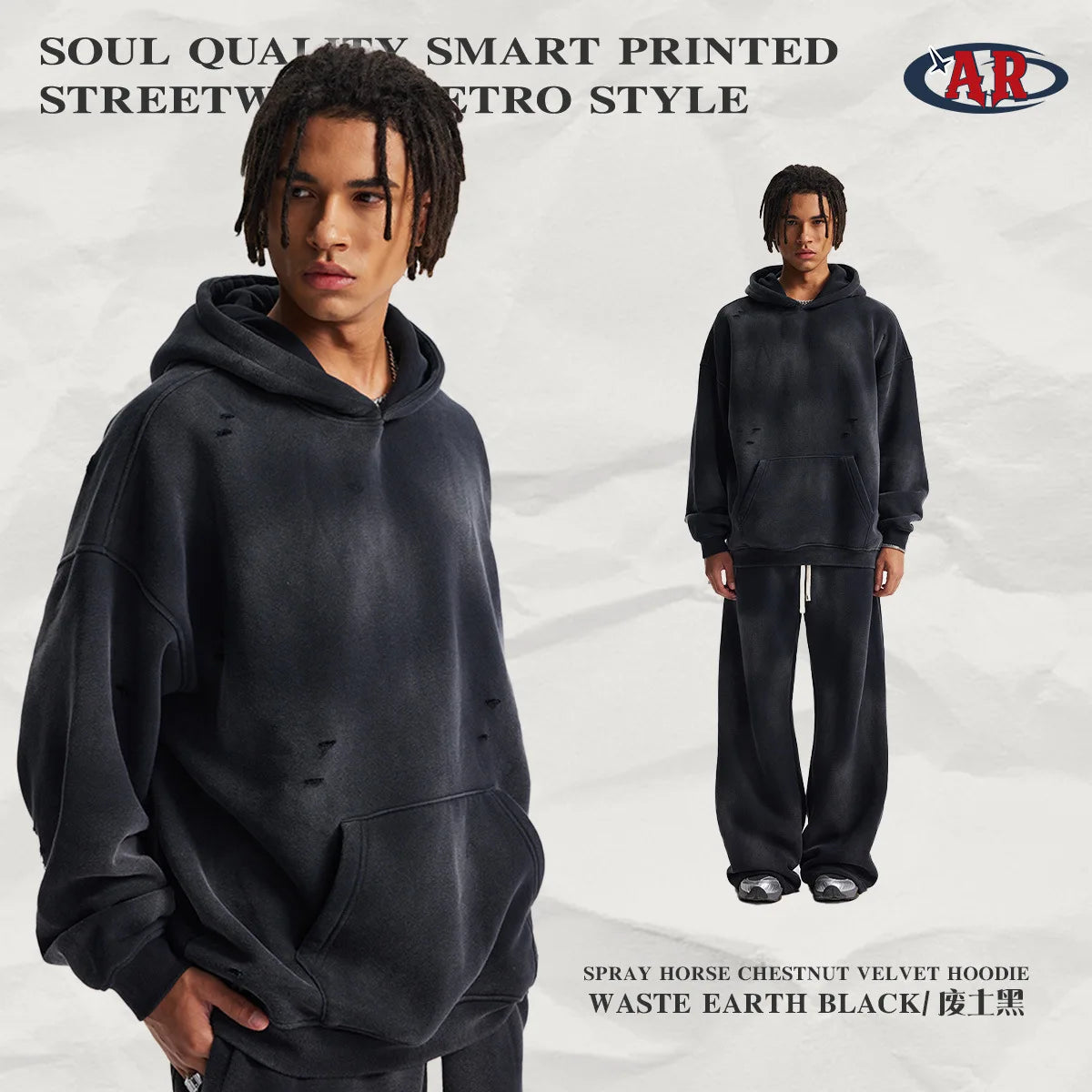 Autumn Winter New Original Fleece Lined Spray Monkey Washed Vintage Hole Ripped Hoodie Men's Casual Comfortable Cotton Blend ...