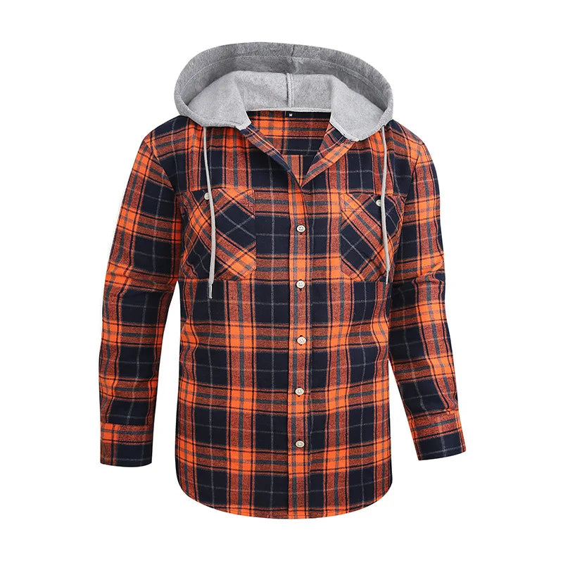 Men's Casual Plaid Flannel Long Sleeve Hooded Shirt Jacket 2026 Cross-Border Fashionable Durable Breathable Loose Fit