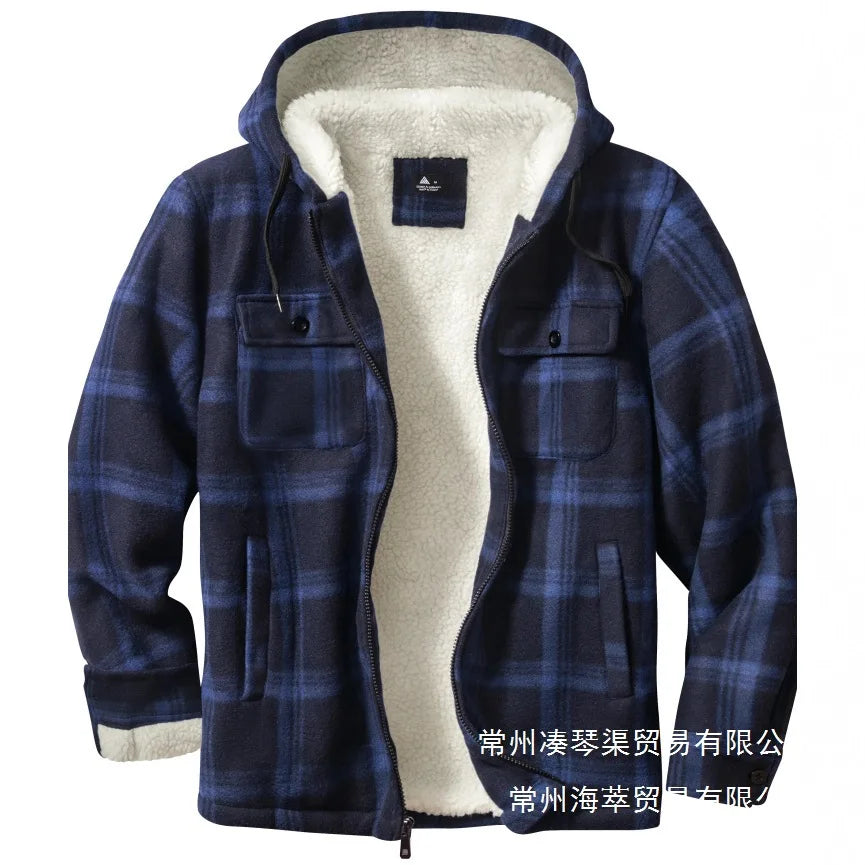 Sherpa Lined Flannel Jacket Mens Heavyweight Hooded Fleece Jacket Thicken Warm Button Down Plaid Jacket Outwear Coats