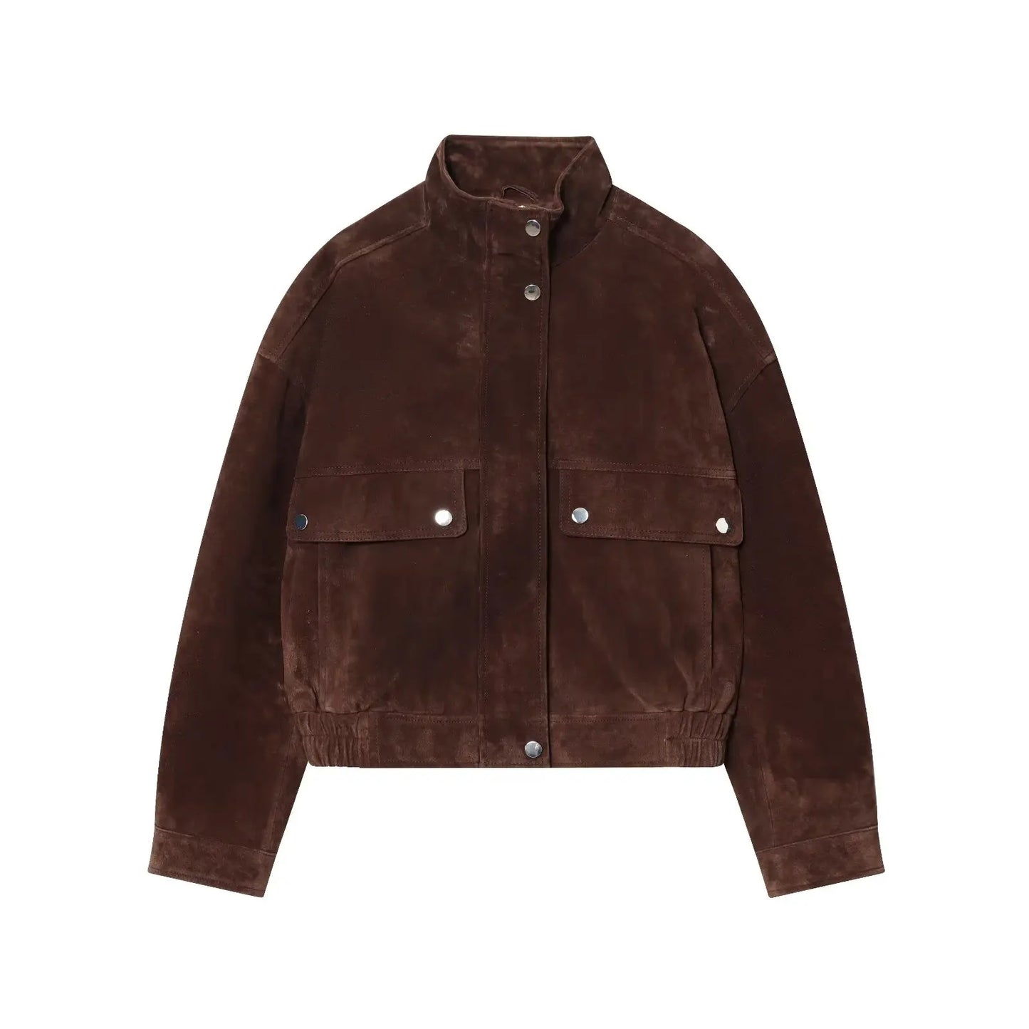 Women Suede Leather Jacket with Pockets Autumn Winter High Collar Long Sleeve Button Jacket Lady Coats Causal Female Chic Tops