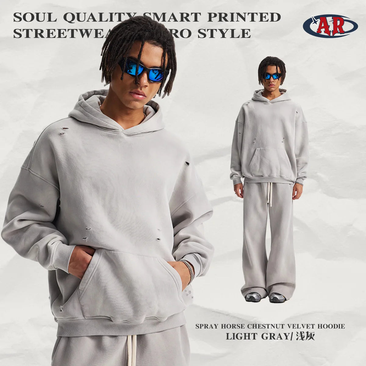 Autumn Winter New Original Fleece Lined Spray Monkey Washed Vintage Hole Ripped Hoodie Men's Casual Comfortable Cotton Blend ...