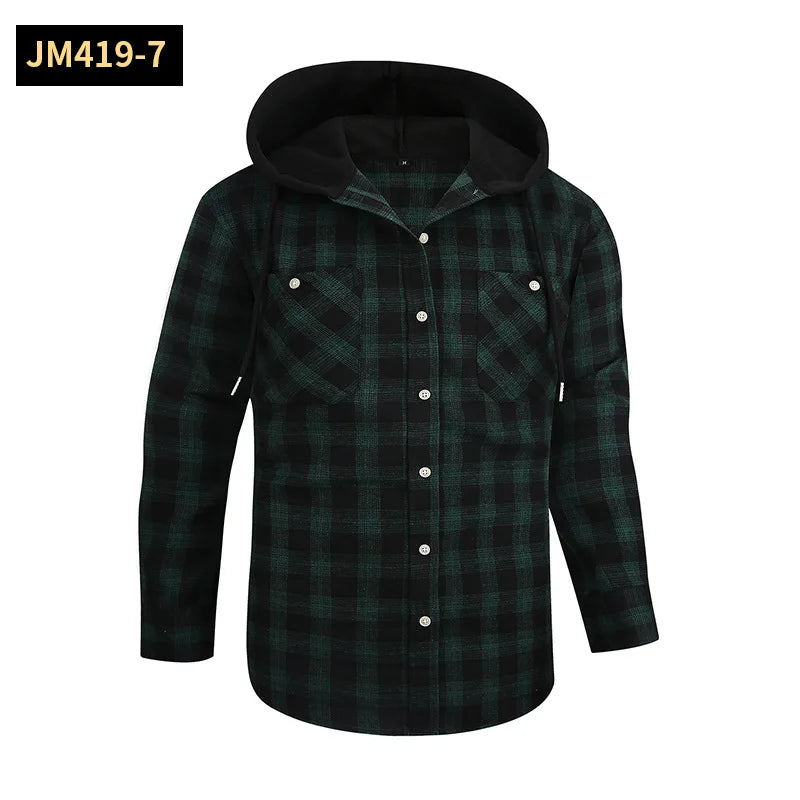 Men's Casual Plaid Flannel Long Sleeve Hooded Shirt Jacket 2026 Cross-Border Fashionable Durable Breathable Loose Fit