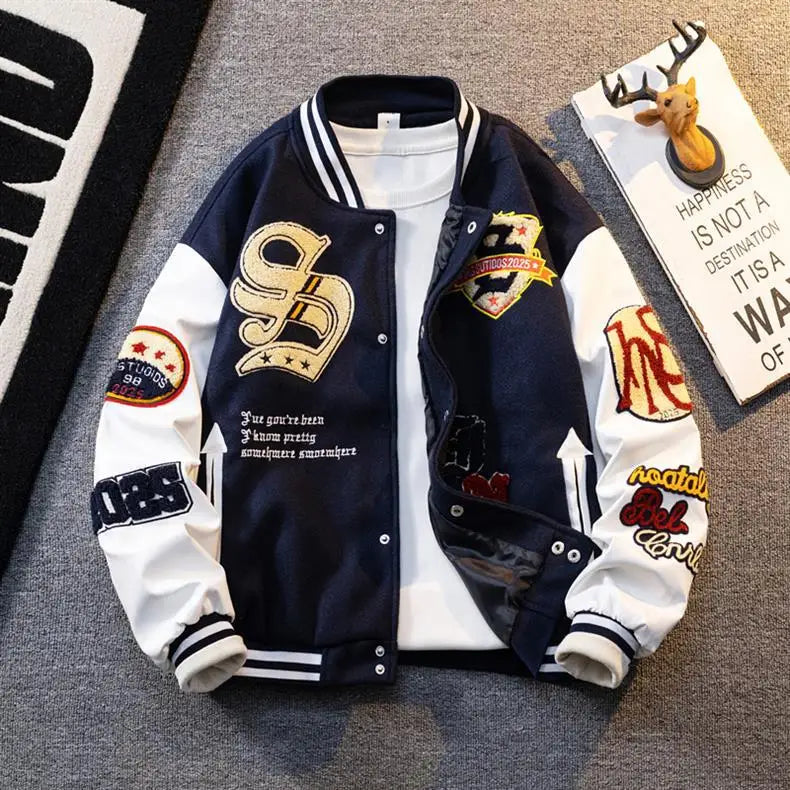 Retro American Patchwork Embroidery Baseball Jacket Loose Casual Woolen Coat for Men And Women Street Style Outerwear