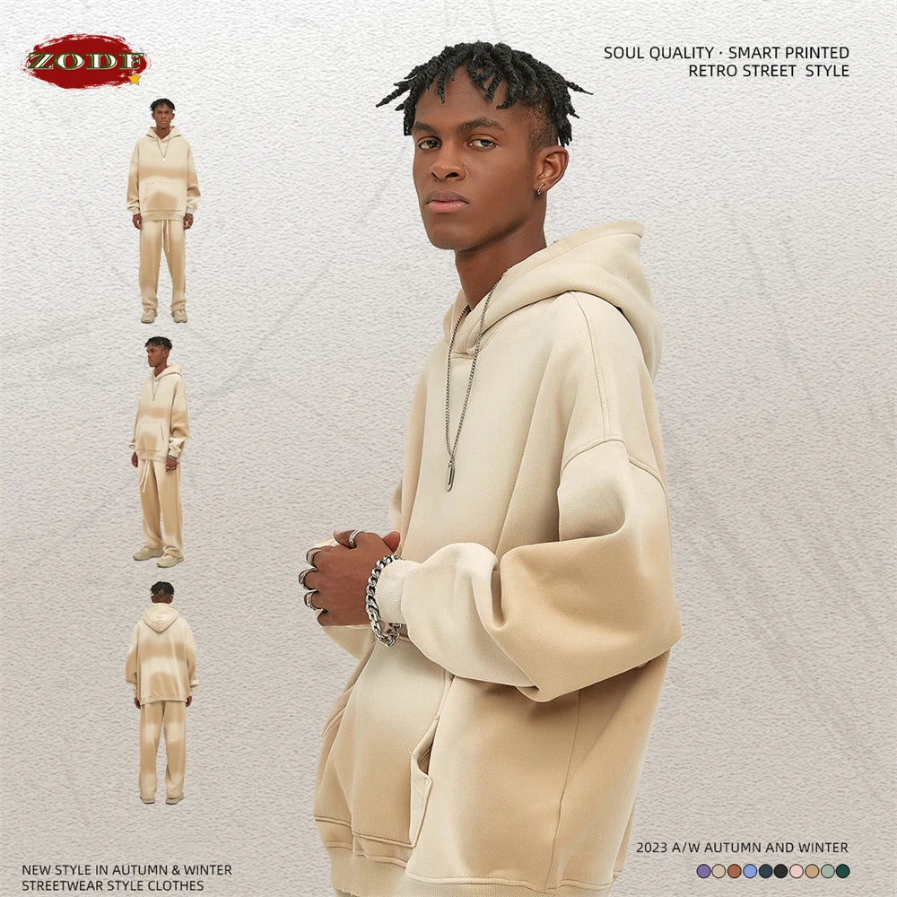 ZODF Vintage Autumn Winter Monkey Washed Fleece Hoodies For Men Unisex Loose Warm 360gsm Hooded Pullovers Sweatshirts HY0655