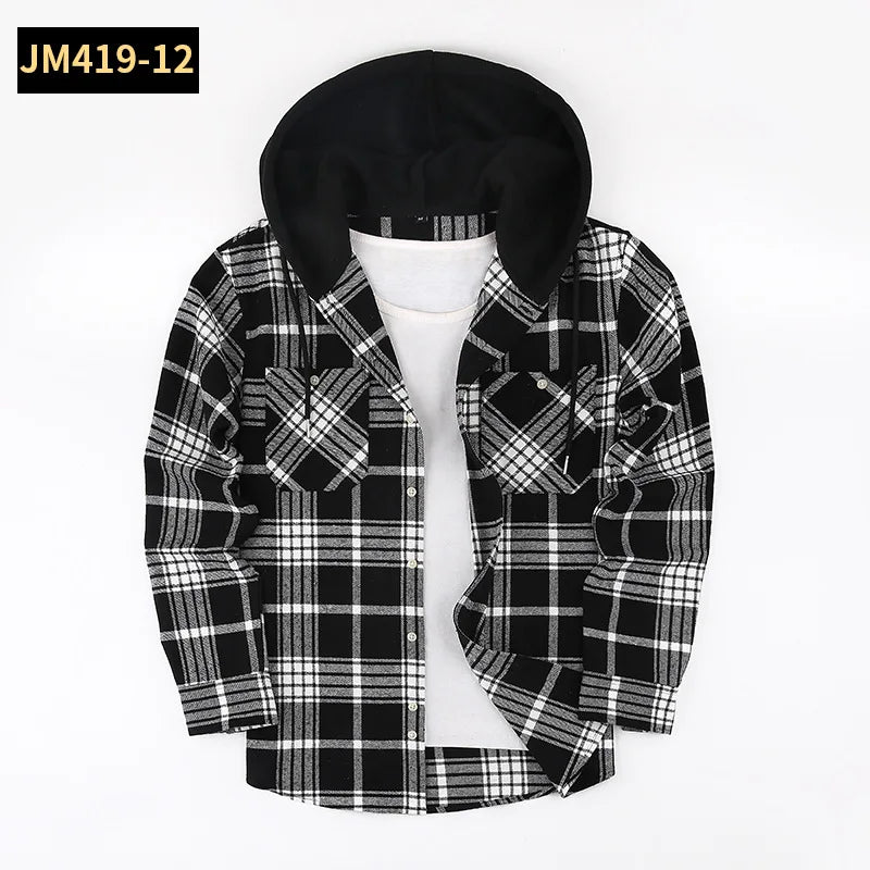 Men's Plaid Long Sleeve Hooded Flannel Shirt Loose Fit Business Casual Spring Outerwear Polyester Machine Washable