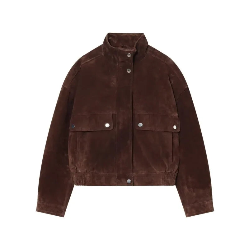 Women Suede Leather Jacket with Pockets Autumn Winter High Collar Long Sleeve Button Jacket Lady Coats Causal Female Chic Tops