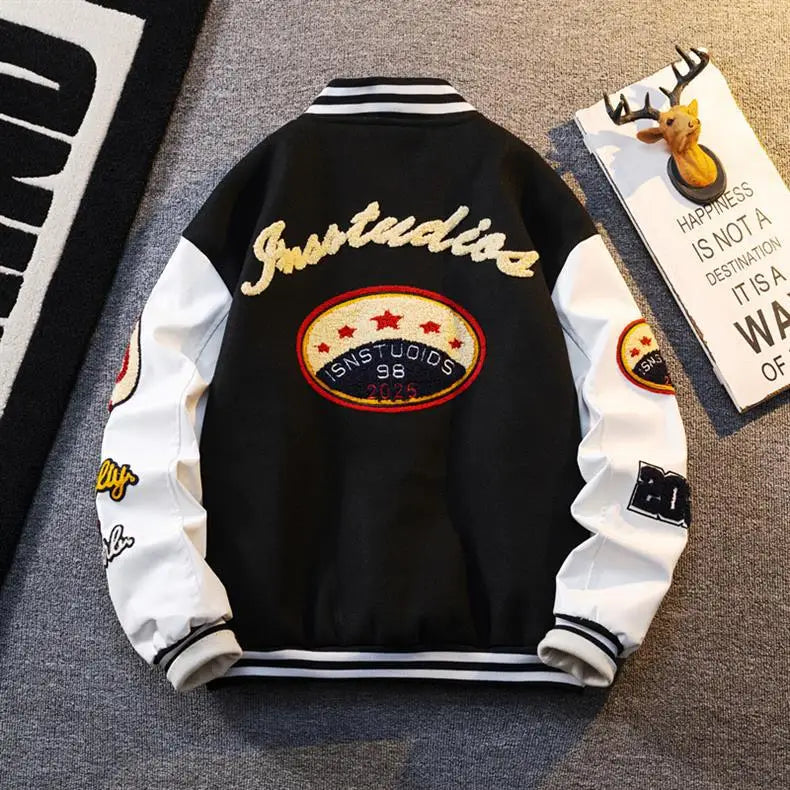 Retro American Patchwork Embroidery Baseball Jacket Loose Casual Woolen Coat for Men And Women Street Style Outerwear