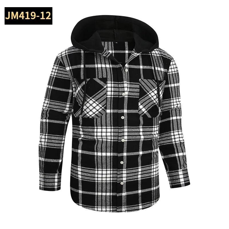 Men's Casual Plaid Flannel Long Sleeve Hooded Shirt Jacket 2026 Cross-Border Fashionable Durable Breathable Loose Fit