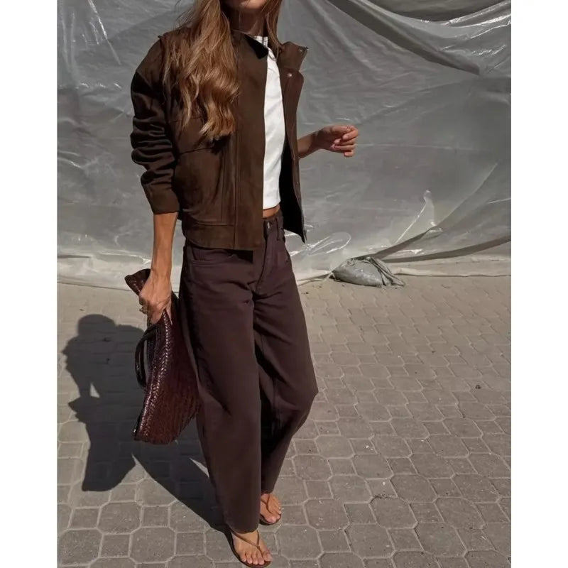 Women Suede Leather Jacket with Pockets Autumn Winter High Collar Long Sleeve Button Jacket Lady Coats Causal Female Chic Tops