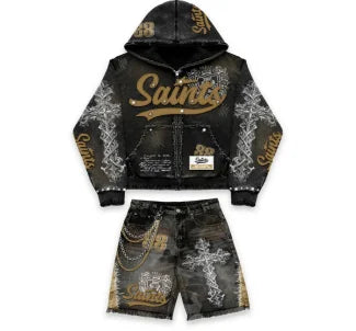 Men’s Retro Denim Shorts & Sweatshirt Set