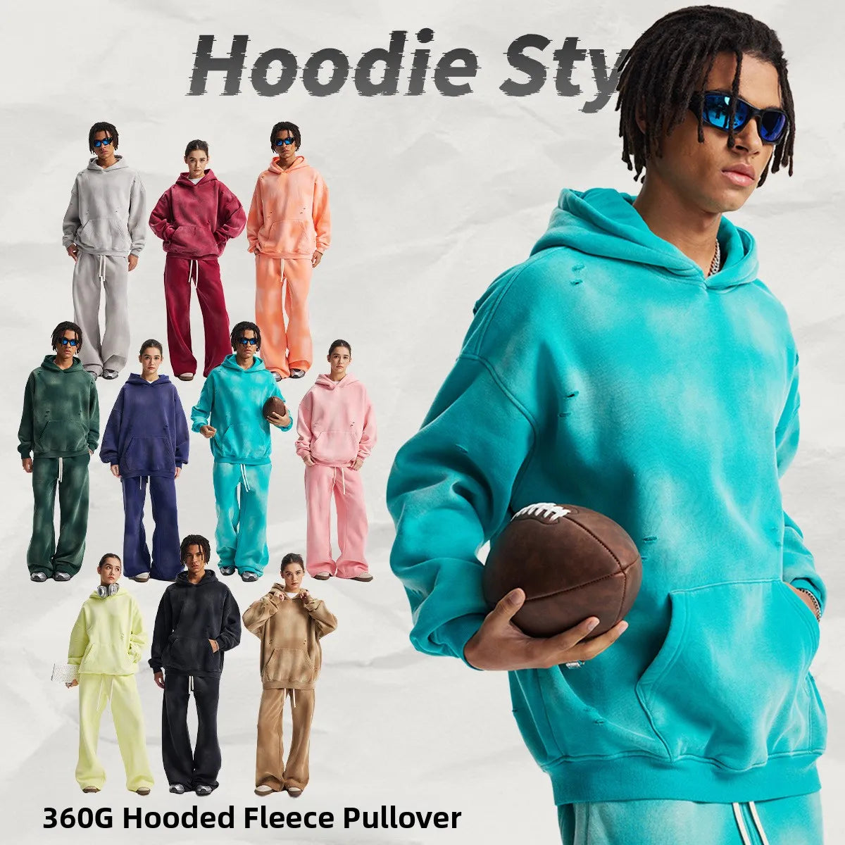 Autumn Winter New Original Fleece Lined Spray Monkey Washed Vintage Hole Ripped Hoodie Men's Casual Comfortable Cotton Blend ...