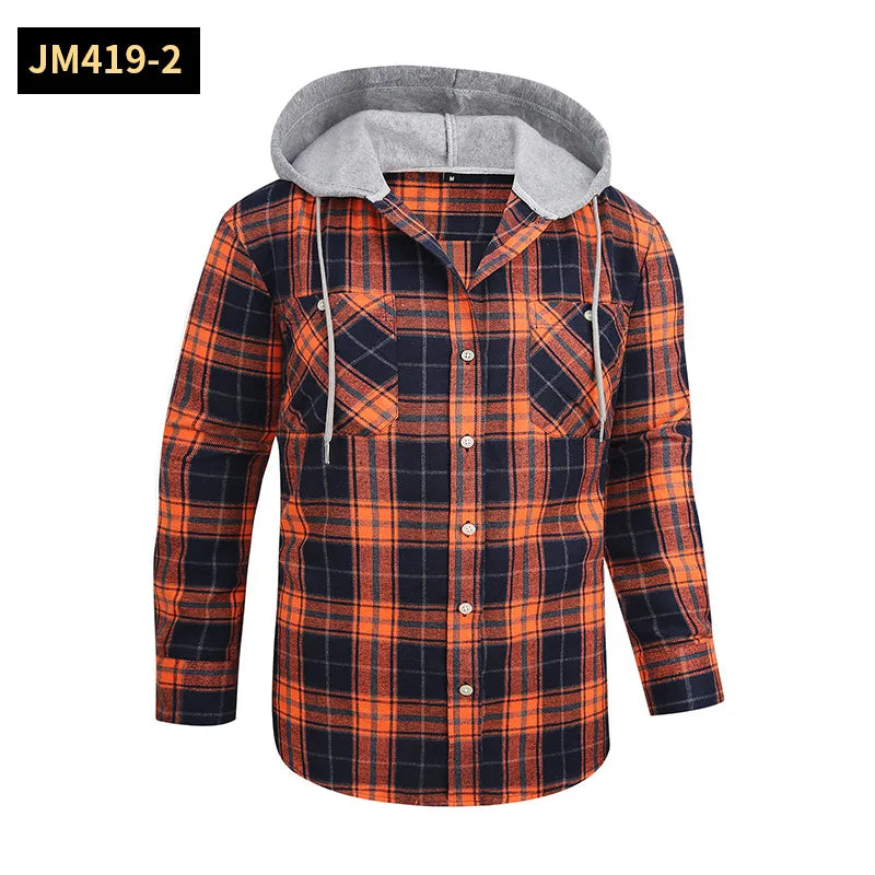 Men's Casual Plaid Flannel Long Sleeve Hooded Shirt Jacket 2026 Cross-Border Fashionable Durable Breathable Loose Fit
