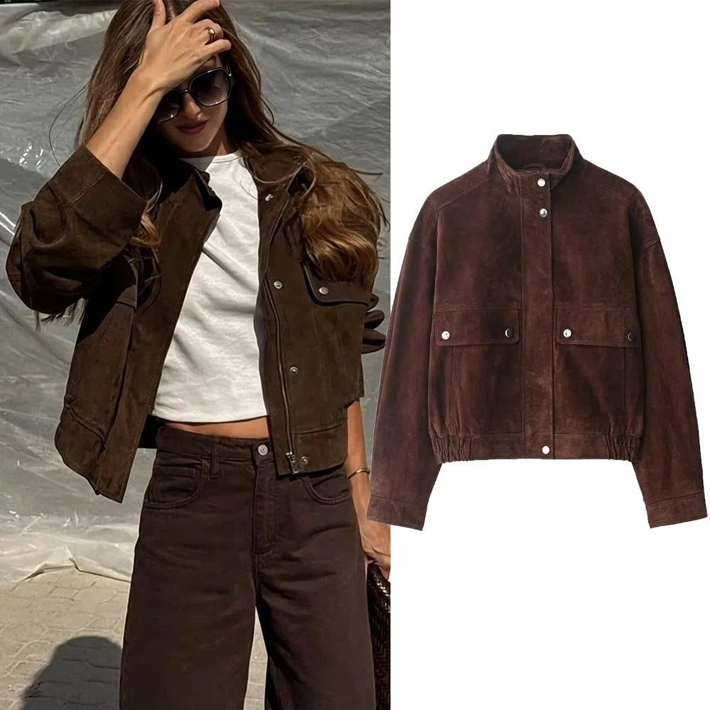 Women Suede Leather Jacket with Pockets Autumn Winter High Collar Long Sleeve Button Jacket Lady Coats Causal Female Chic Tops